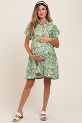 Green Damask Tiered Short Sleeve Maternity Shirt Dress