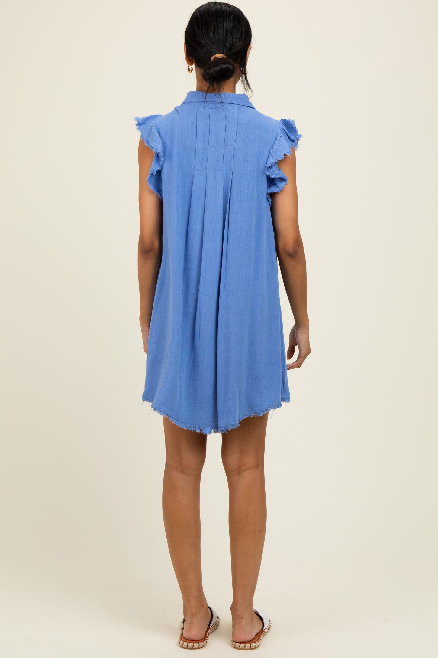 Periwinkle Fringe Detail Ruffle Sleeve Shirt Dress