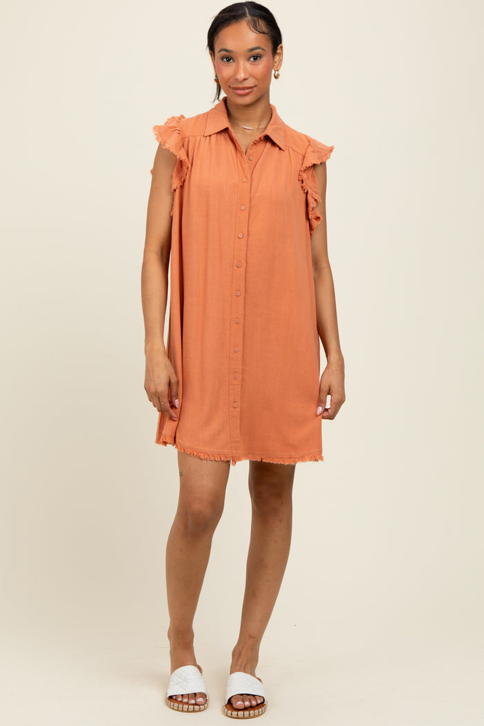 Peach Fringe Detail Ruffle Sleeve Shirt Dress