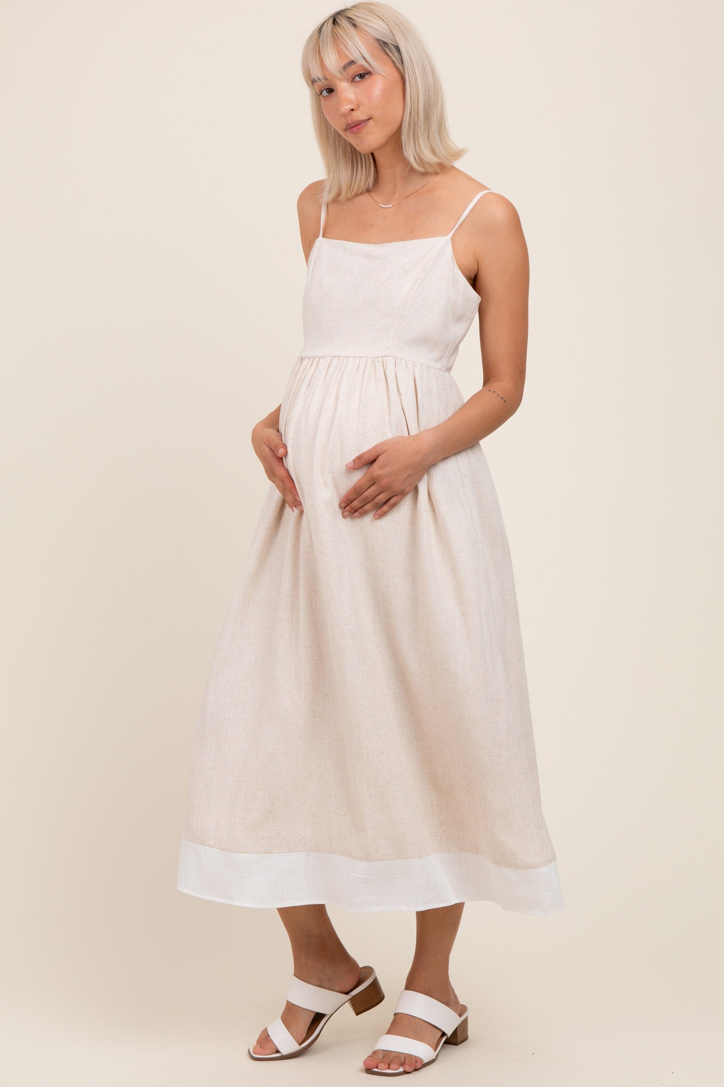 Beige Color Block Back Tie Maternity Midi Dress