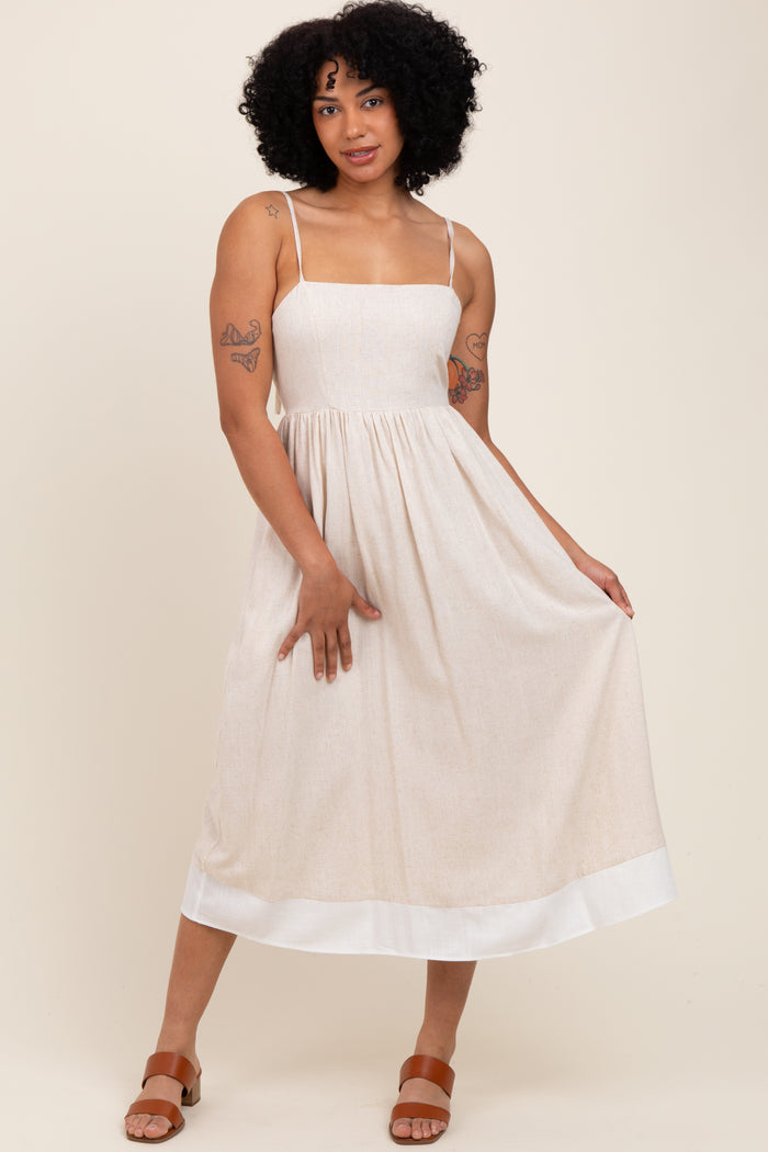 Beige Color Block Back Tie Maternity Midi Dress