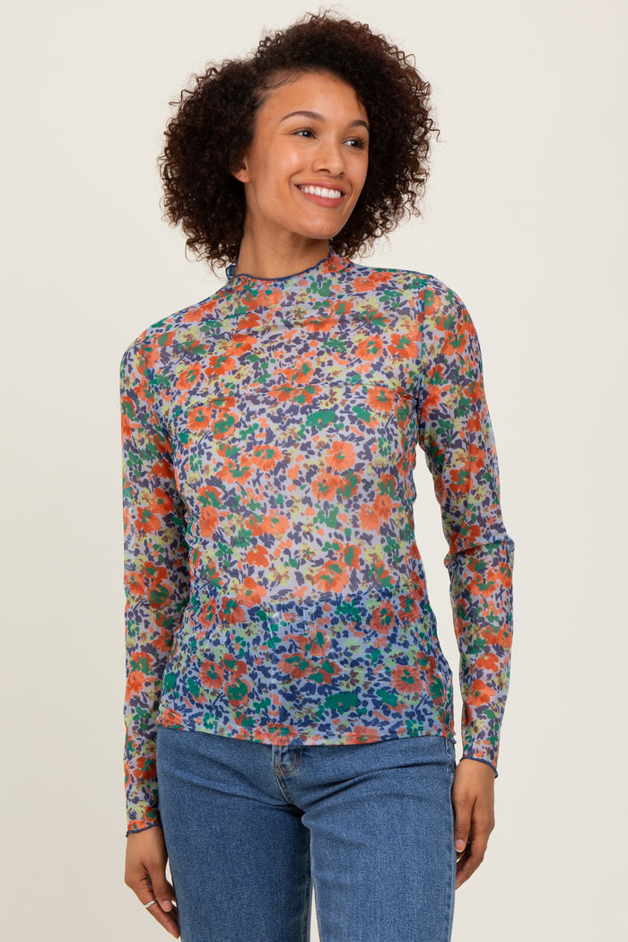 Blue Floral Mesh Long Sleeve Turtle Neck Top