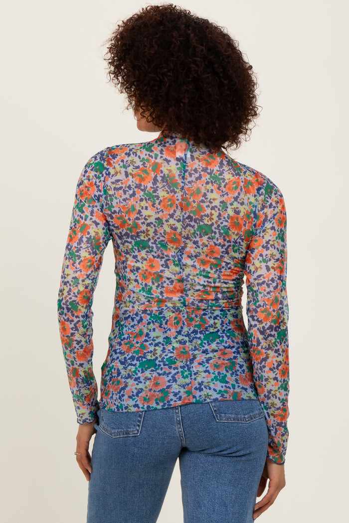 Blue Floral Mesh Long Sleeve Turtle Neck Top