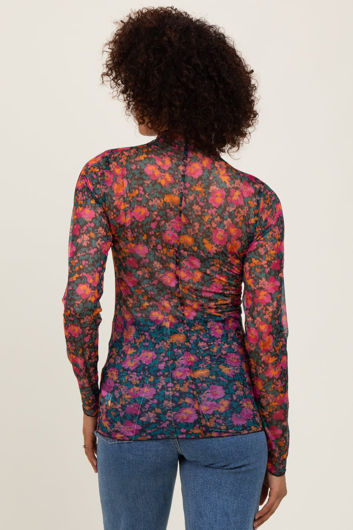 Black Floral Mesh Long Sleeve Turtle Neck Top