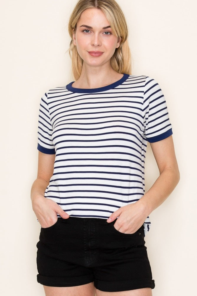 Navy Blue Striped Short Sleeve Maternity Top