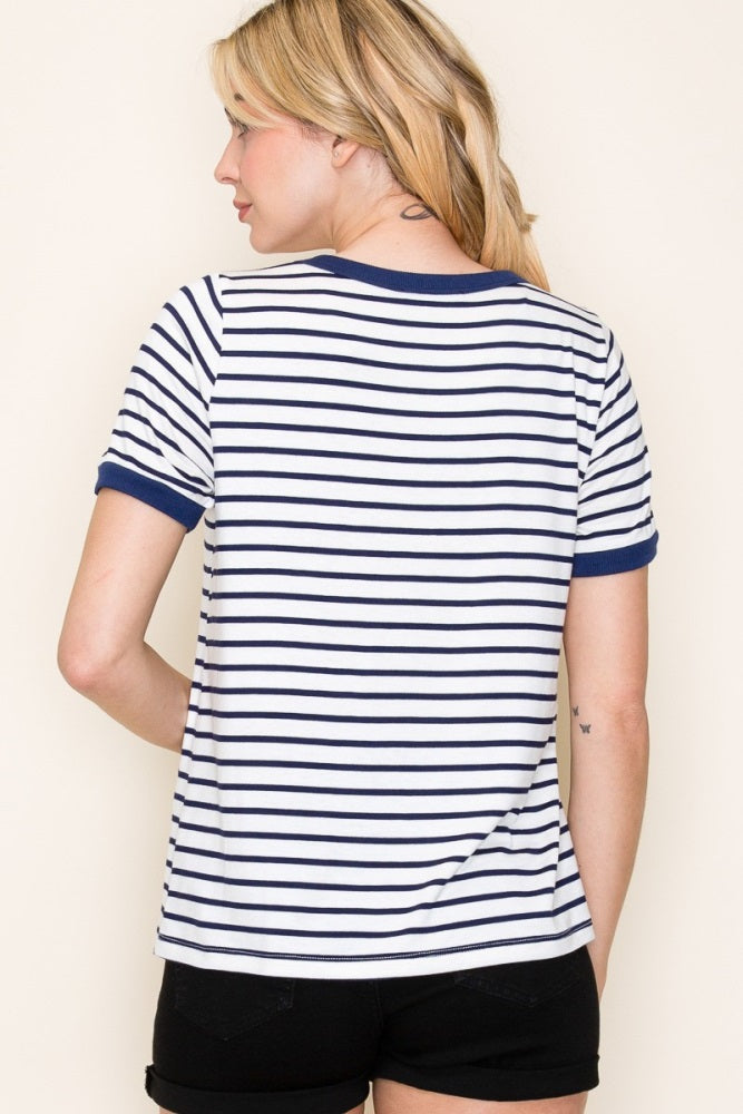 Navy Blue Striped Short Sleeve Top