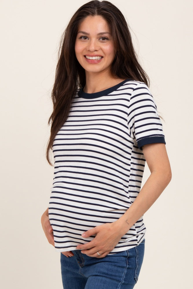 Navy Blue Striped Short Sleeve Maternity Top