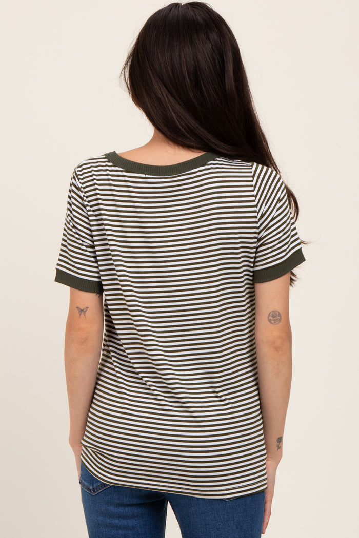 Olive Striped Short Sleeve Maternity Top