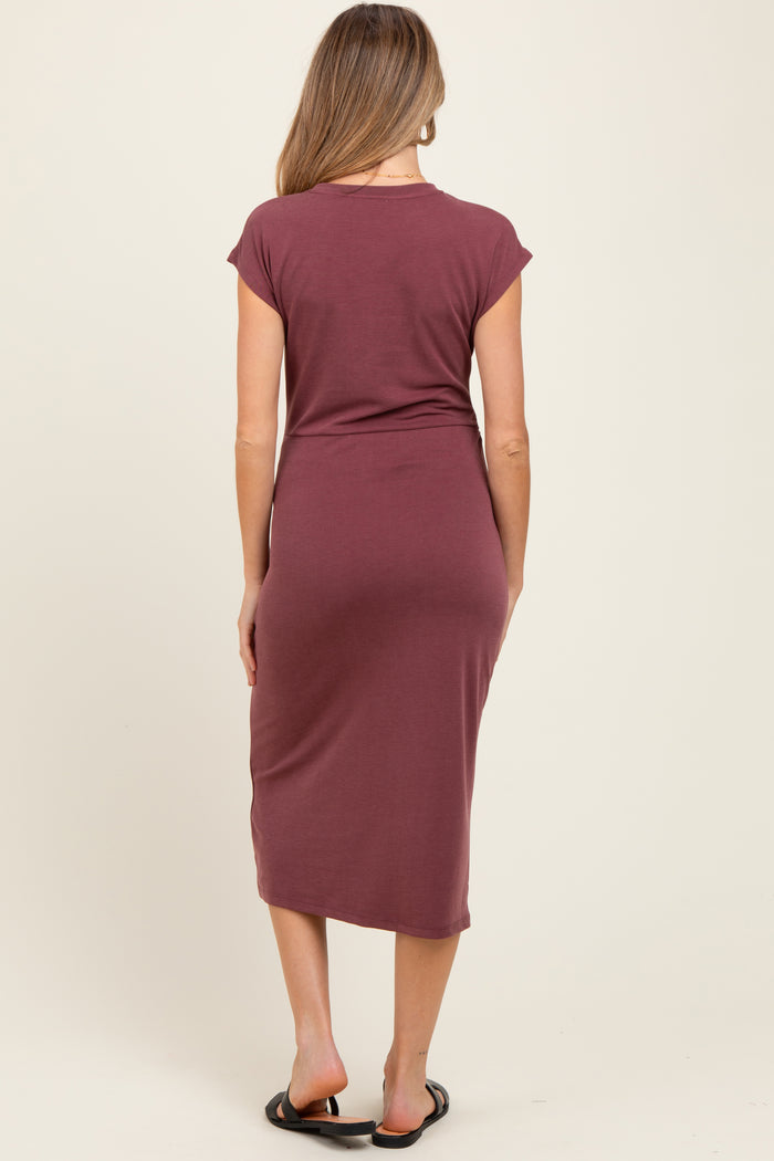 Burgundy Solid Short Sleeve Maternity Midi Dress