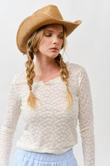 Cream Lace Ruffle Neckline Long Sleeve Top