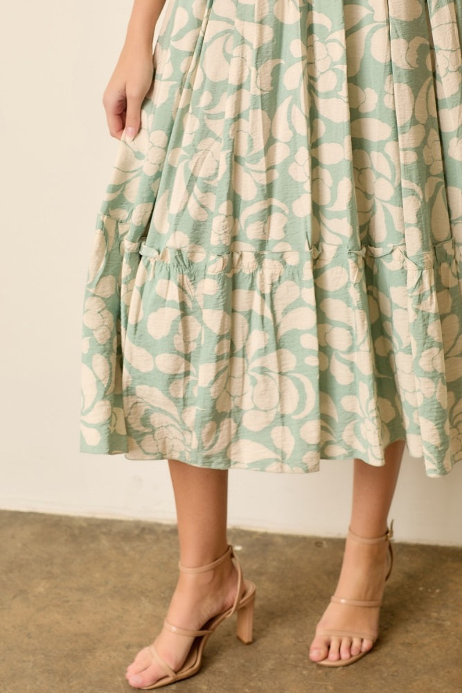 Sage Printed Square Neck Bubble Sleeve Maxi Dress