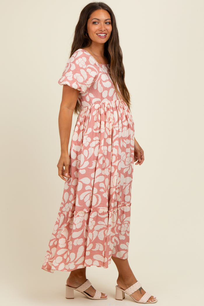Pink Printed Square Neck Bubble Sleeve Maternity Maxi Dress