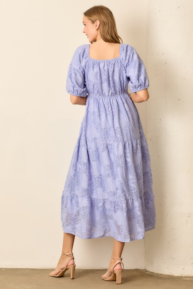 Blue Leaf Textured Tiered Midi Dress