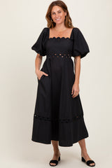 Black Wavy Trim Puff Sleeve Midi Dress