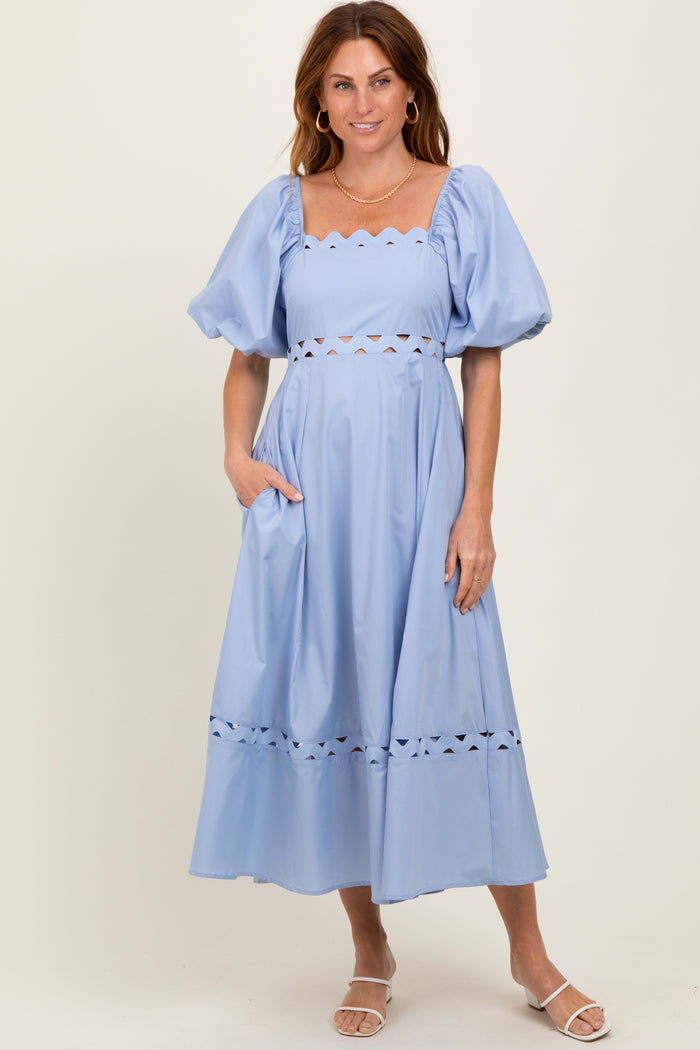 Blue Wavy Trim Puff Sleeve Maternity Midi Dress