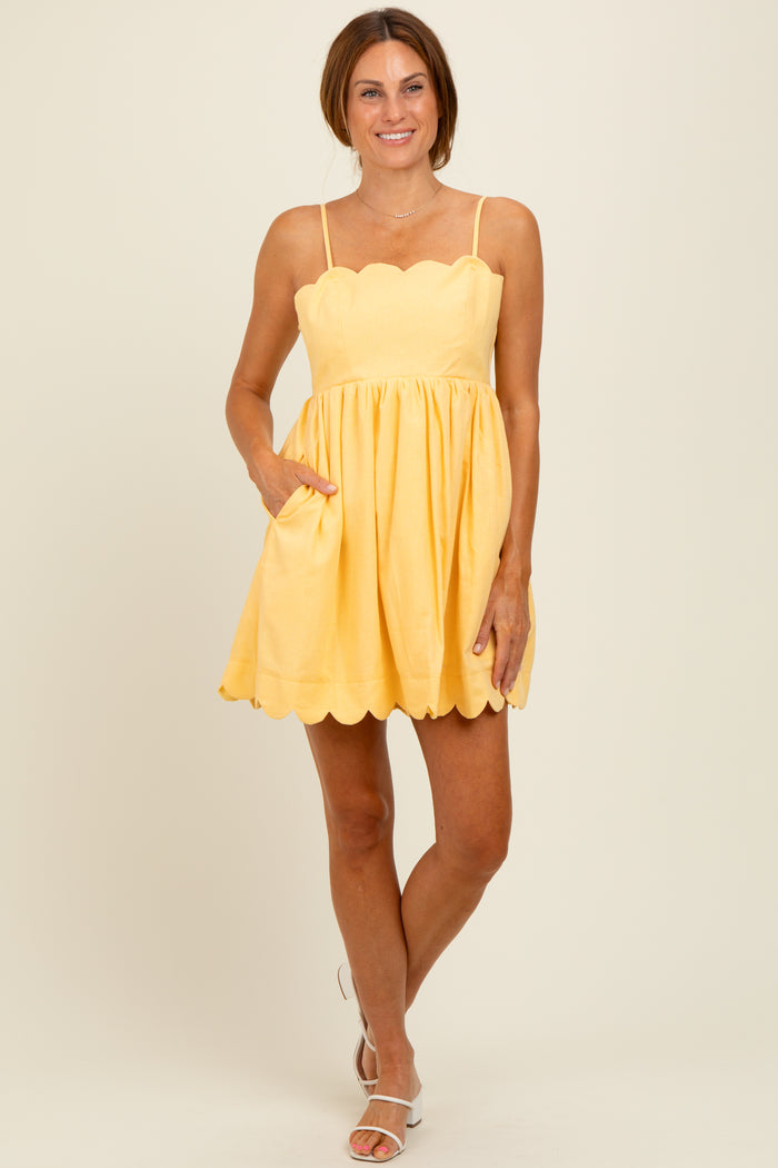Yellow Scallop Edge Cutout Tie Back Mini Dress