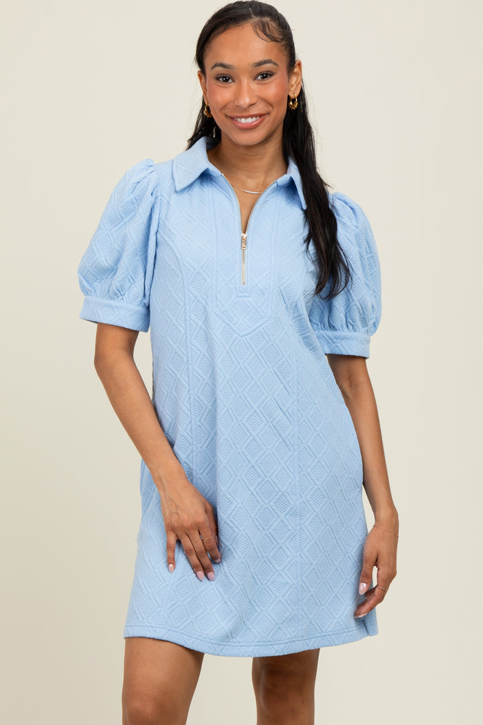 Light Blue Jacquard 1/4 Zip Mini Shirt Dress