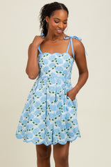 White Floral Shoulder Tie Scallop Hem Maternity Dress