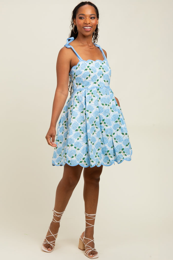 White Floral Shoulder Tie Scallop Hem Dress