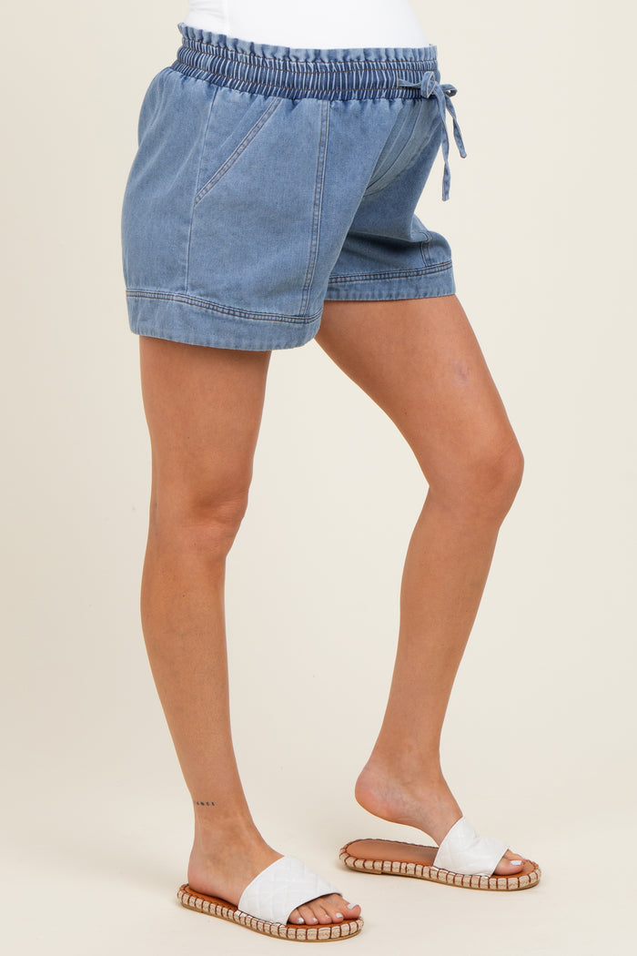 Blue Chambray Smocked Drawstring Waist Maternity Shorts