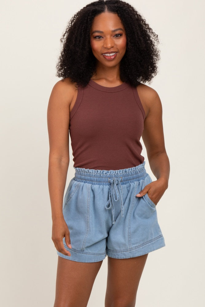 Light Blue Chambray Smocked Drawstring Waist Maternity Shorts