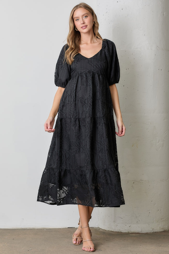 Black Leaf Textured Tiered Midi Maternity Dress