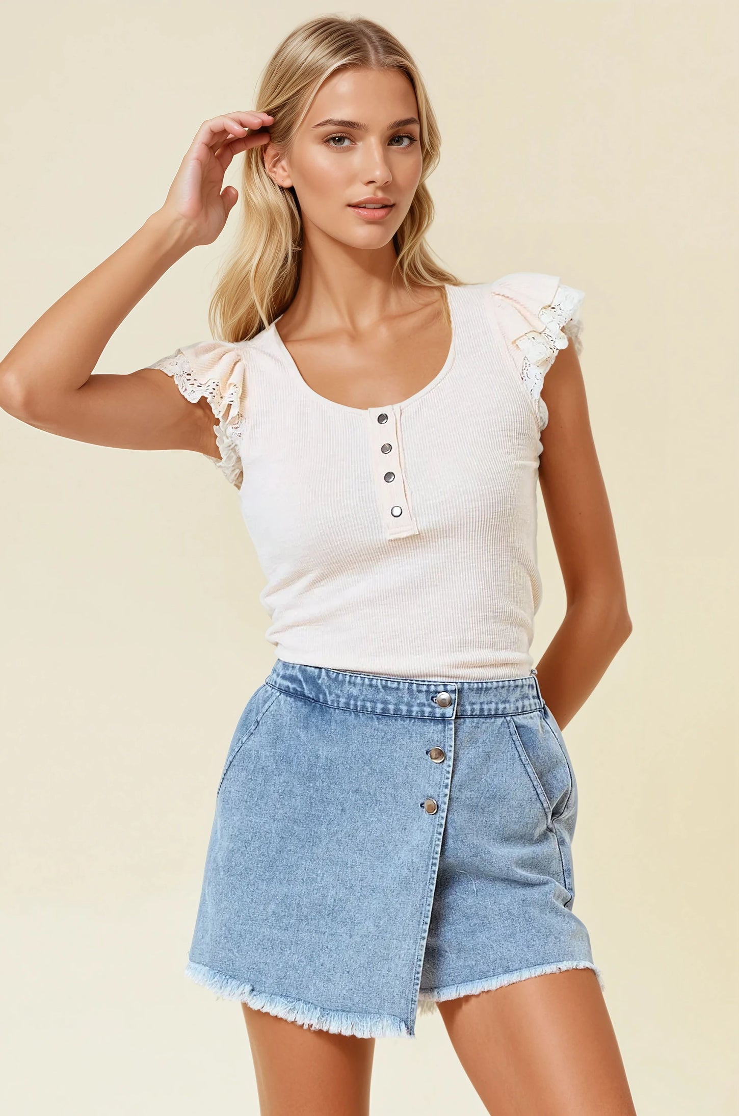 Cream Ruffle Crochet Sleeve Maternity Henley Top