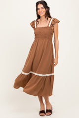 Mocha Smocked Lace Detail Maternity Midi Dress