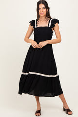 Black Smocked Lace Detail Midi Dress