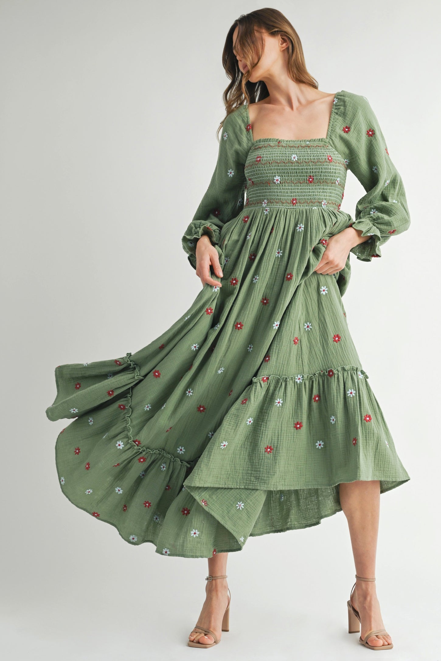 Olive Long Sleeve Floral Accent Maternity Dress