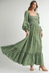 Olive Long Sleeve Floral Accent Dress