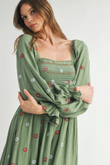 Olive Long Sleeve Floral Accent Dress