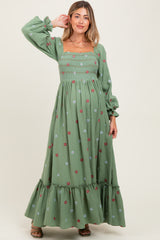 Olive Long Sleeve Floral Accent Maternity Dress