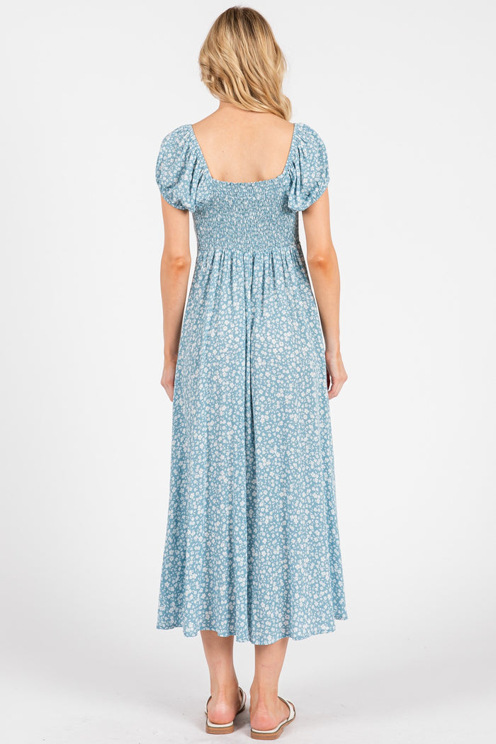 Light Blue Floral V-Neck Button Down Midi Dress