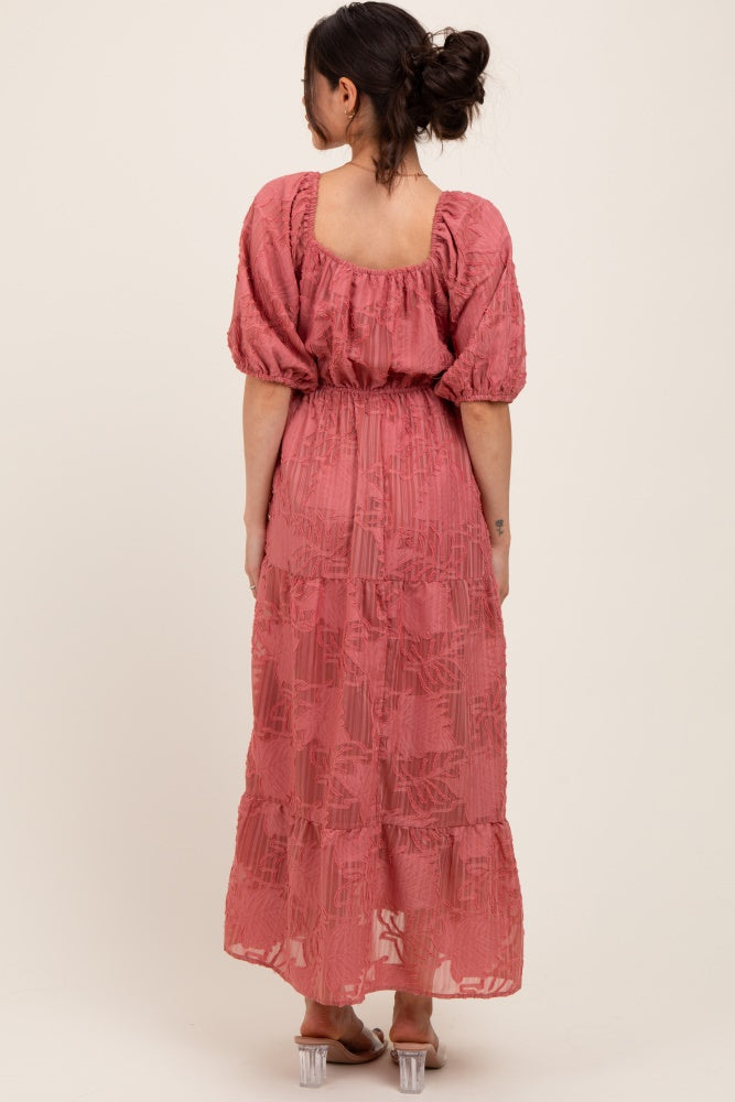 Pink Leaf Textured Tiered Midi Maternity Dress