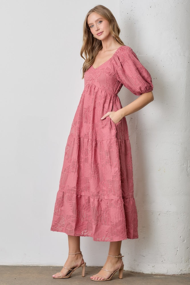 Pink Leaf Textured Tiered Midi Maternity Dress