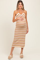 Light Olive Striped Halter Crochet Knit Maternity Midi Dress