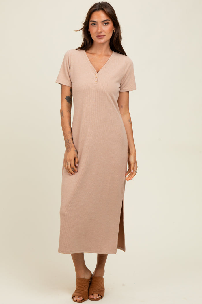 Mocha Ribbed Button Detail Maternity Midi Dress