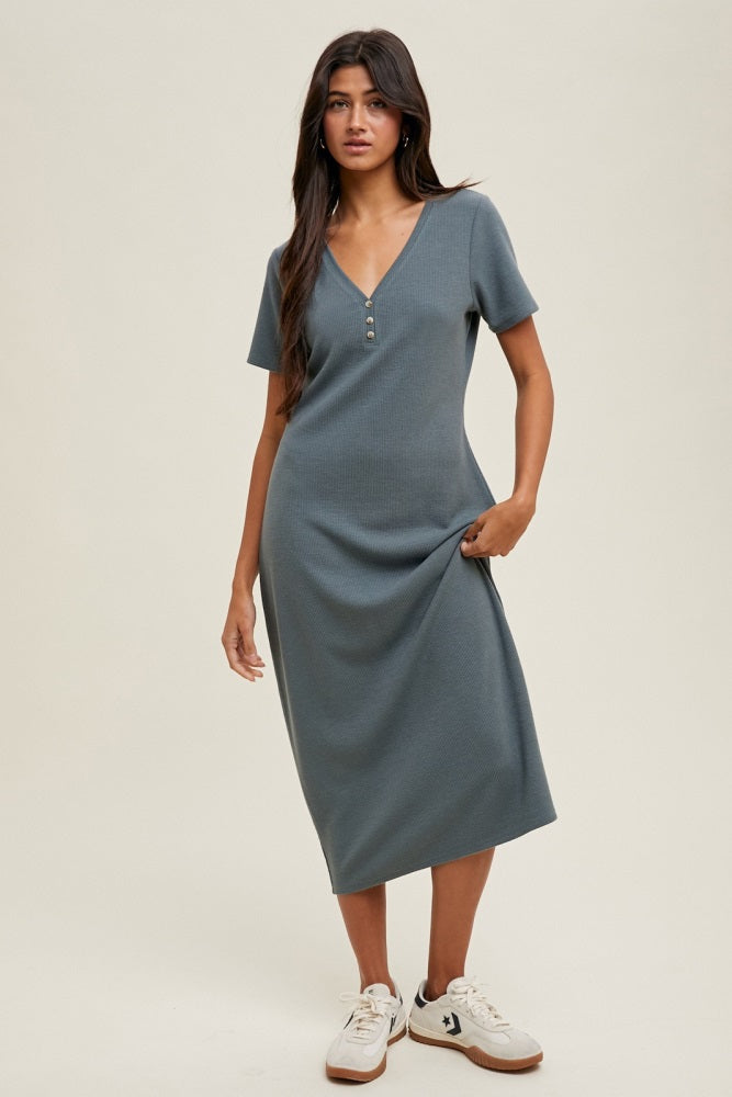 Teal Ribbed Button Detail Maternity Midi Dress