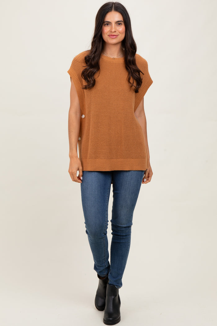 Camel Oversized Side Button Sweater Vest