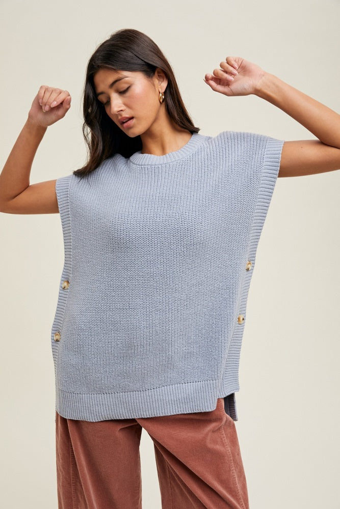 Blue Oversized Side Button Maternity Sweater Vest