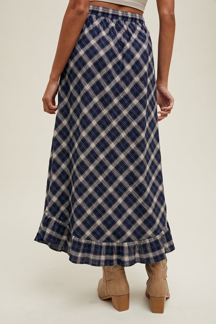 Navy Plaid Ruffle Trim Maxi Skirt