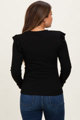 Black Ribbed Knit Ruffle Detail Maternity Long Sleeve Top