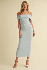 Light Blue Rib Knit Off Shoulder Fitted Maternity Midi Dress
