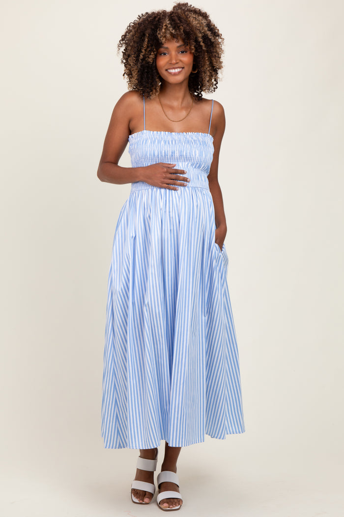 Blue Striped Smocked Maternity Midi Dress