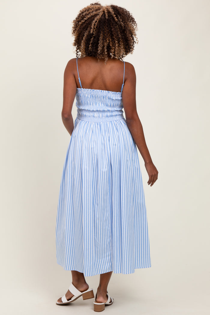Blue Striped Smocked Maternity Midi Dress