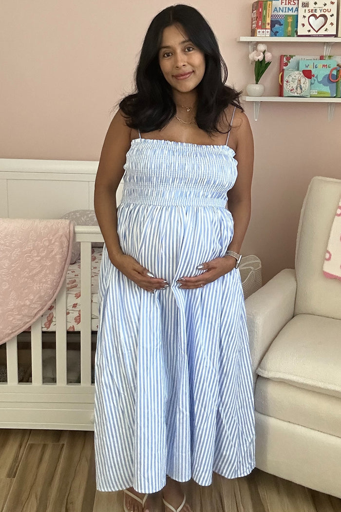 Blue Striped Smocked Maternity Midi Dress