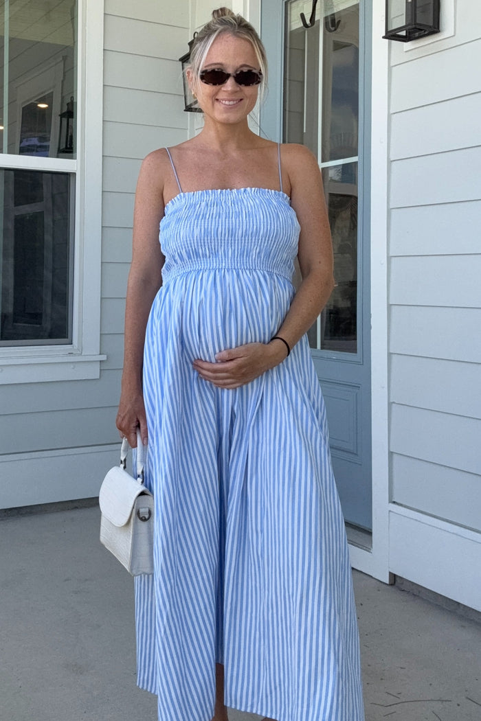 Blue Striped Smocked Maternity Midi Dress