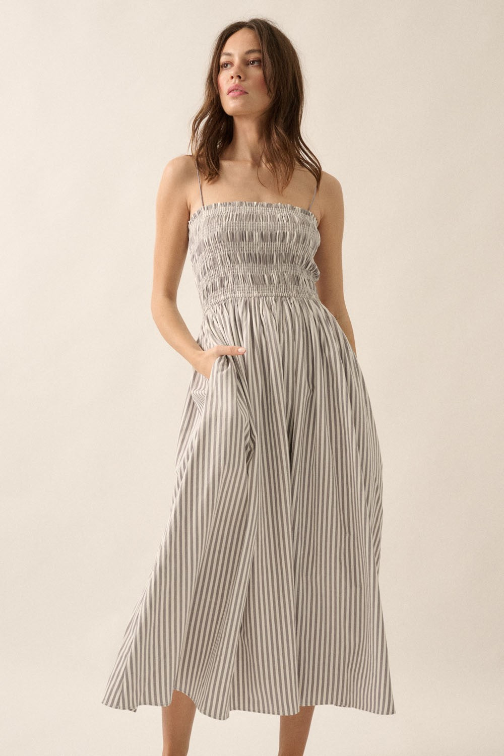Black Striped Smocked Maternity Midi Dress