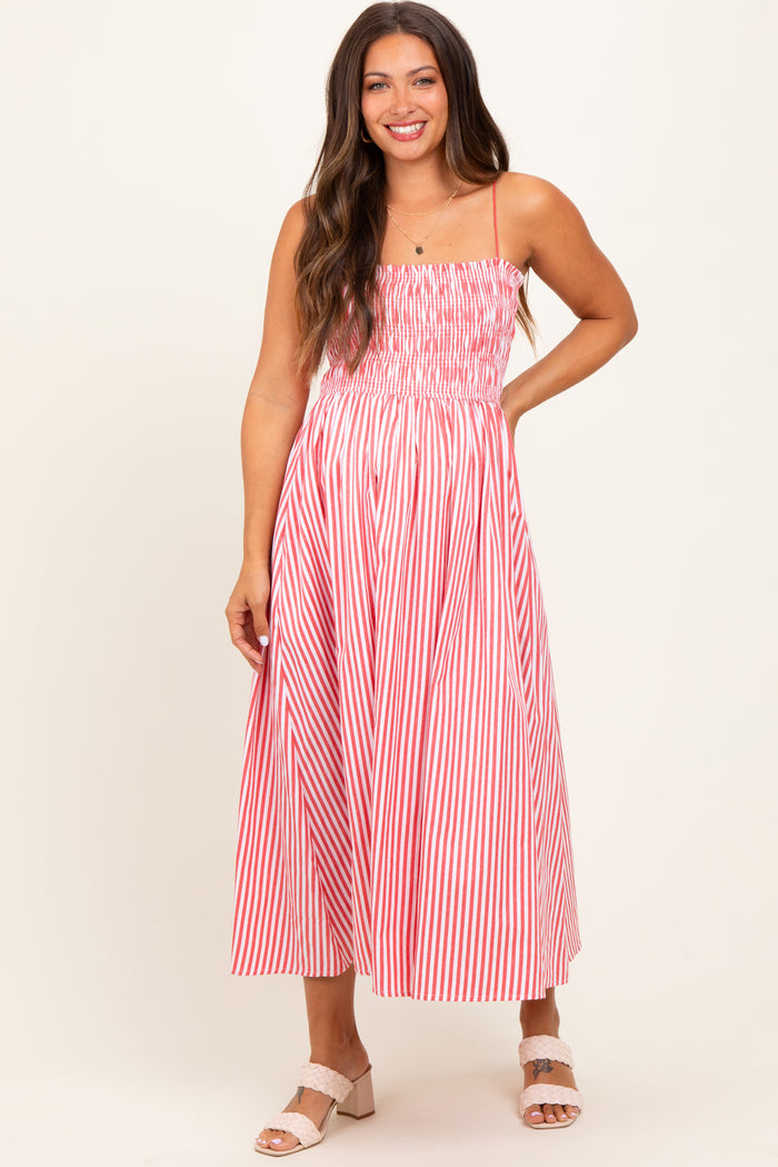 Red Striped Smocked Maternity Midi Dress